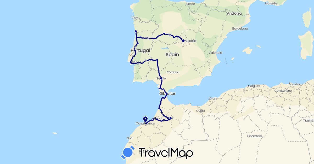 TravelMap itinerary: driving in Spain, Morocco, Portugal (Africa, Europe)